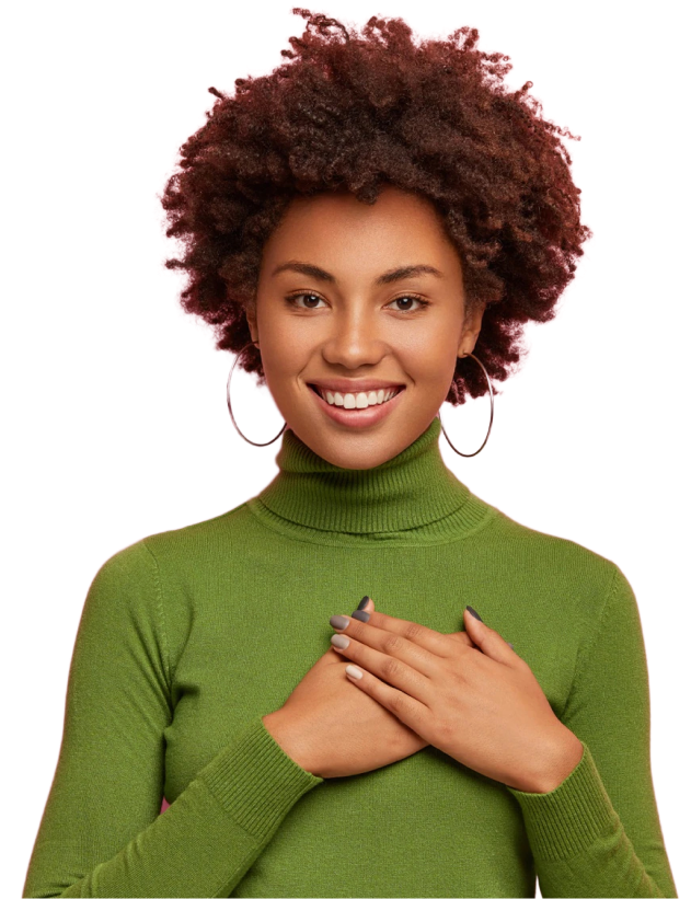 Black woman wearing a green turtle neck smiling